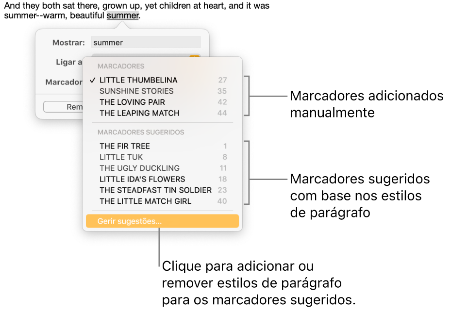 A lista de marcadores com marcadores adicionados manualmente encontra-se na parte superior e os marcadores sugeridos na parte inferior. A opção “Gerir sugestões” encontra-se na parte inferior.