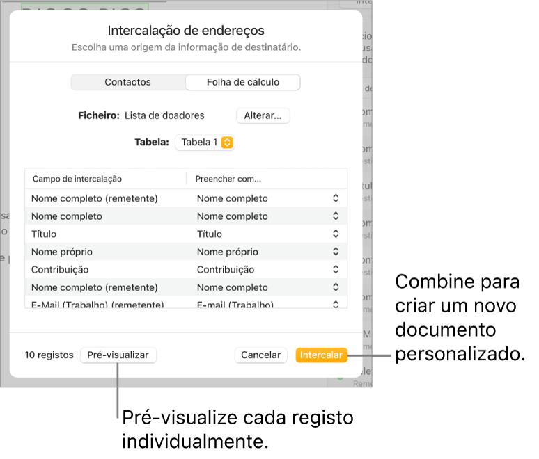 O painel “Intercalação de endereços” está aberto, com opções para alterar o ficheiro ou a tabela de origem, pré-visualizar os nomes ou registos individuais dos campos de intercalação ou intercalar o documento.