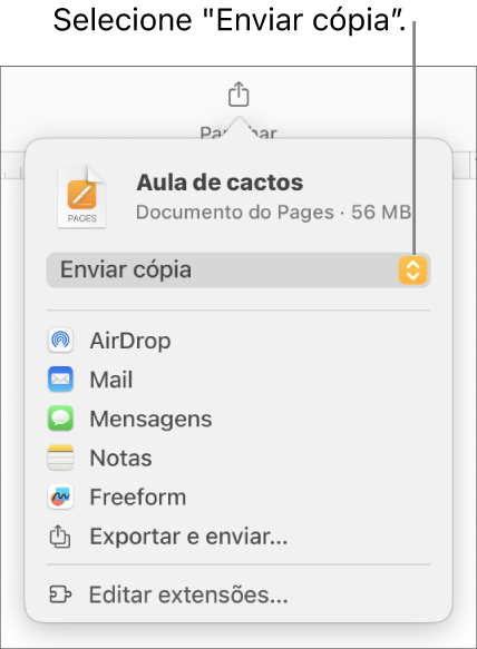 O menu “Partilhar” com “Enviar cópia” selecionada na parte superior.