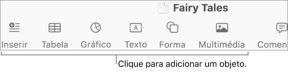Barra de ferramentas com botões para adicionar tabelas, gráficos, texto, formas e multimédia.