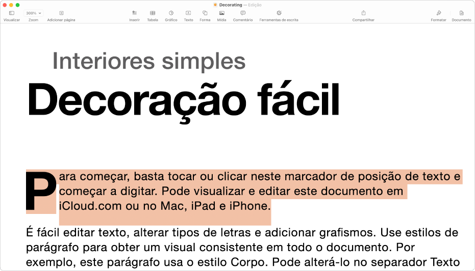 Num documento aberto com texto-exemplo do modelo selecionado.