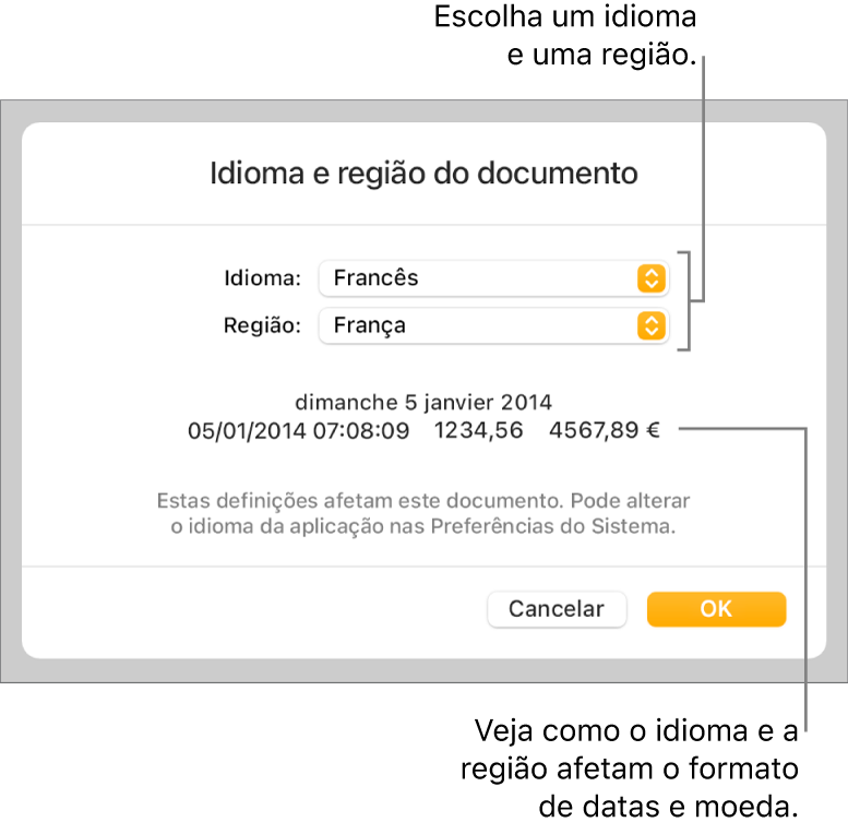 O painel “Idioma e região” com controlos de idioma e região e um exemplo da formatação, incluindo data, hora, decimal e moeda.