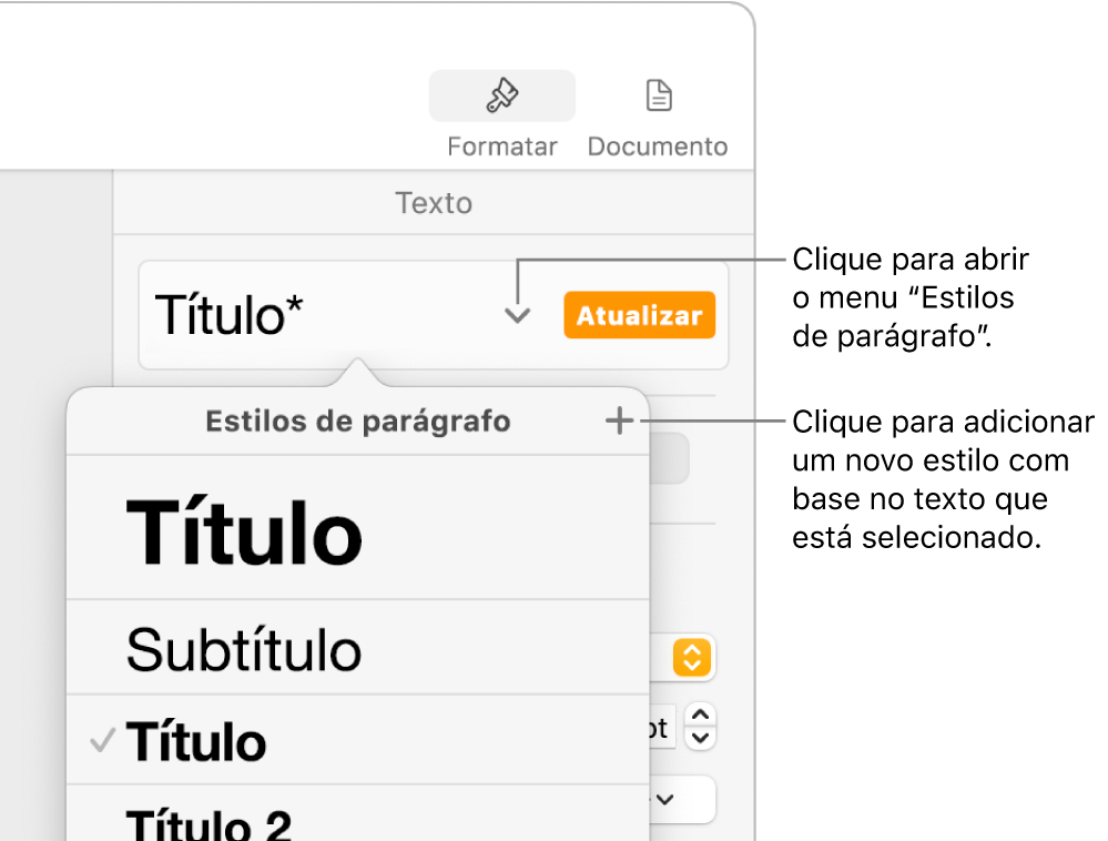 O menu “Estilos de parágrafo”, mostrando os controlos para adicionar ou alterar um estilo.