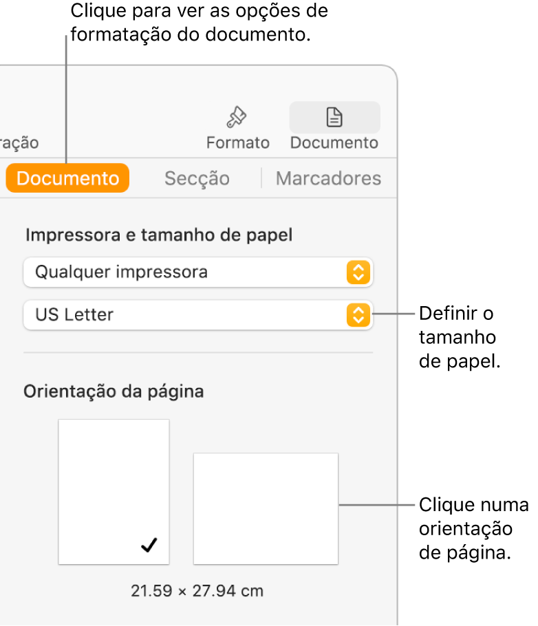 A barra lateral "Documento” com o separador "Documento” na parte superior da barra lateral selecionada. Na barra lateral está um menu pop-up para definir o tamanho de papel e botões para a orientação vertical e horizontal da página.