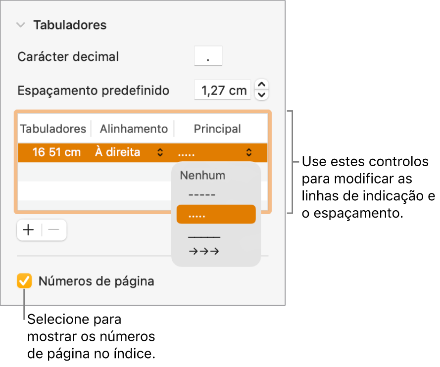 A secção "Separadores” da barra lateral "Formatação”. Por baixo de “Espaçamento predefinido” está uma tabela com as colunas “Tabuladores”, “Alinhamento” e “Principal”. A opção assinalável “Números de página” aparece selecionada e aparece por baixo da tabela.