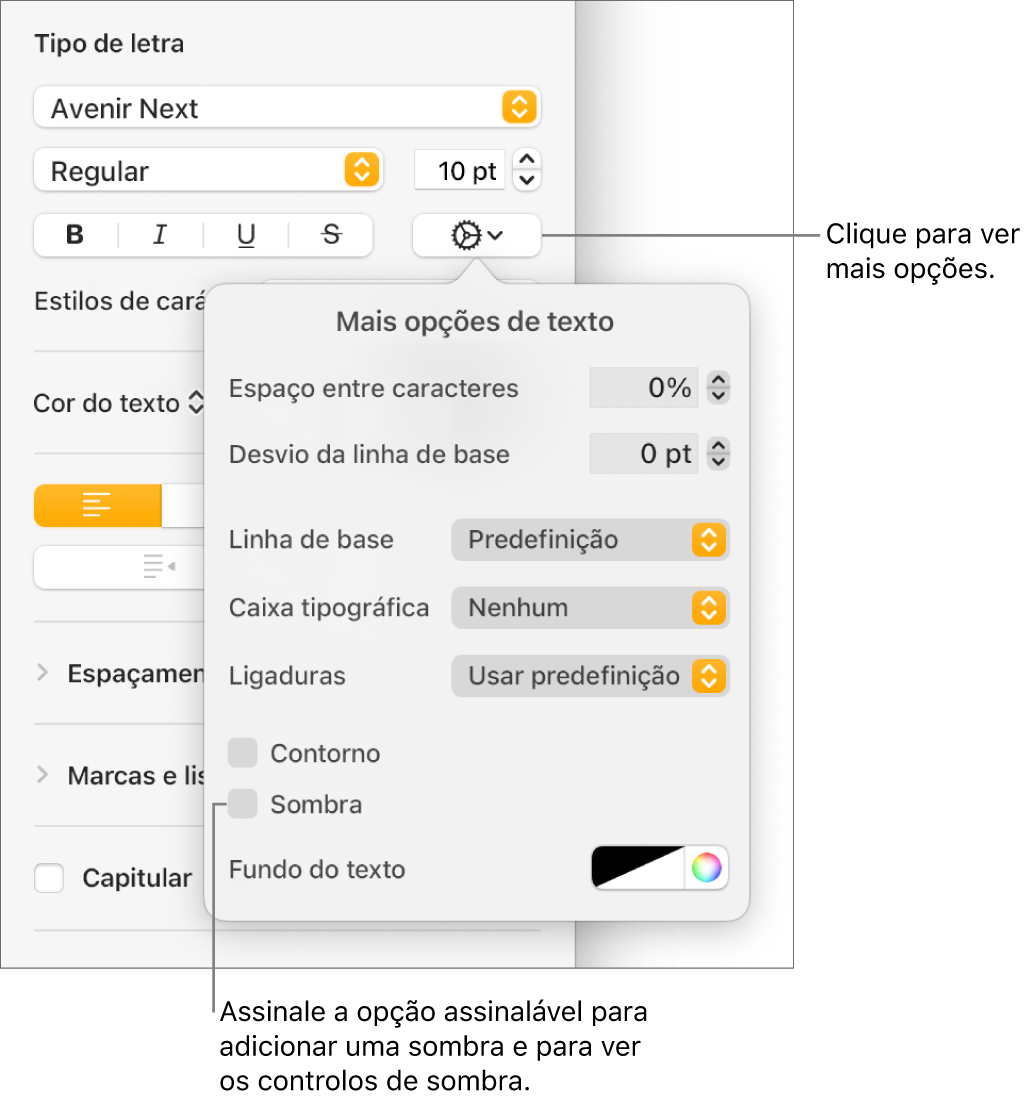 O menu “Opções avançadas” aberto com a opção “Sombras” selecionada e os controlos para definir desfocagem, deslocação, opacidade, ângulo e cor.