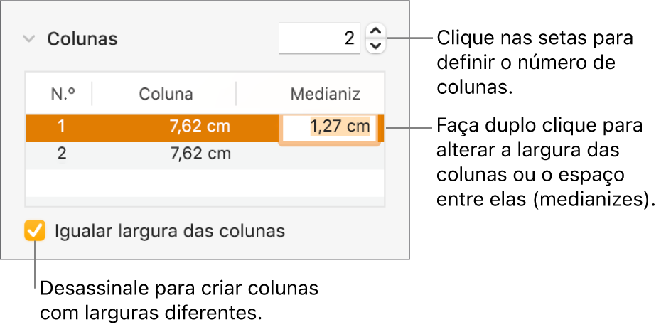 Painel “Disposição” do inspetor de formatação, a mostrar os controlos das colunas.