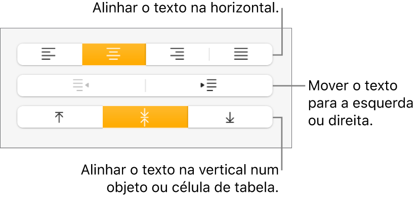 A secção "Alinhamento” com chamadas para os botões de alinhamento e espaçamento de texto.
