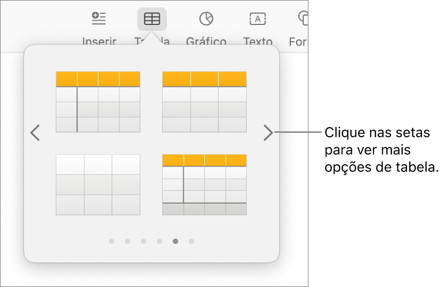 O menu “Adicionar tabela” com as setas de navegação.