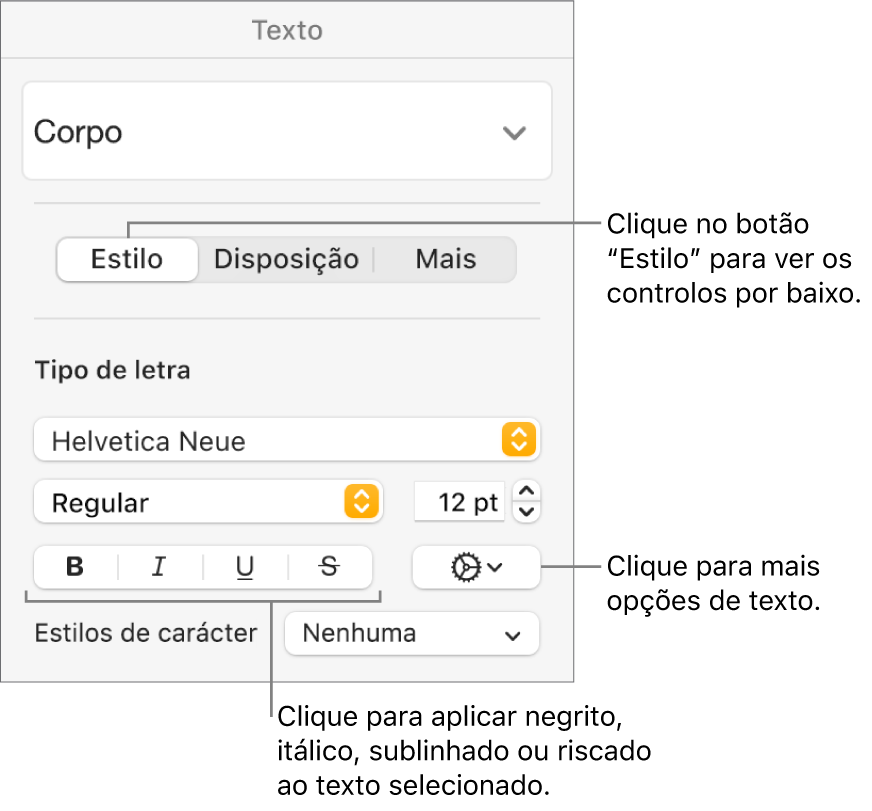 Os controlos “Estilos” na barra lateral “Formatação” com chamadas para os botões “Negrito”, “Itálico”, “Sublinhado” e “Riscado”.