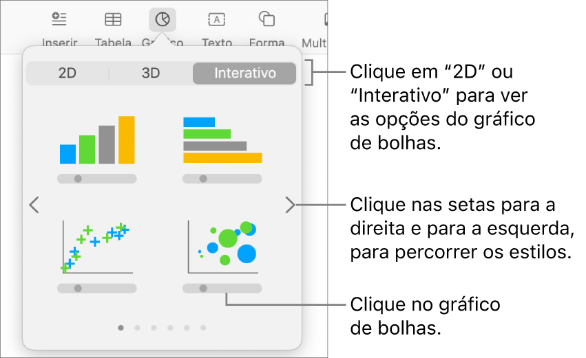 O menu "Adicionar gráfico” a mostrar gráficos interativos, incluindo uma opção de gráfico de bolhas.