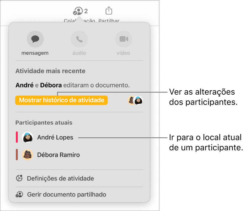 O menu de colaboração com dois participantes atuais listados.