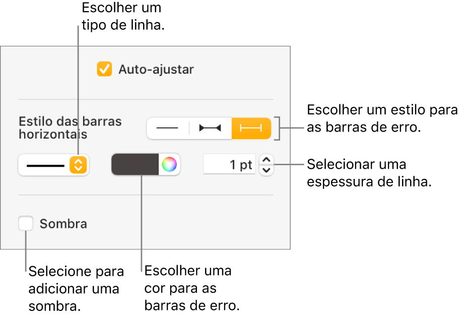 Os controlos para atribuir um estilo às “Barras de erro”.
