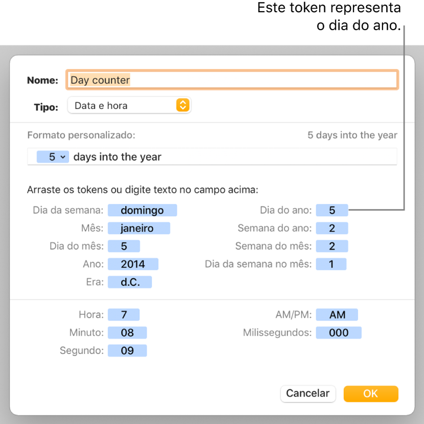 Janela de formato de célula personalizado com controlos para escolher o formato de data e hora personalizado.