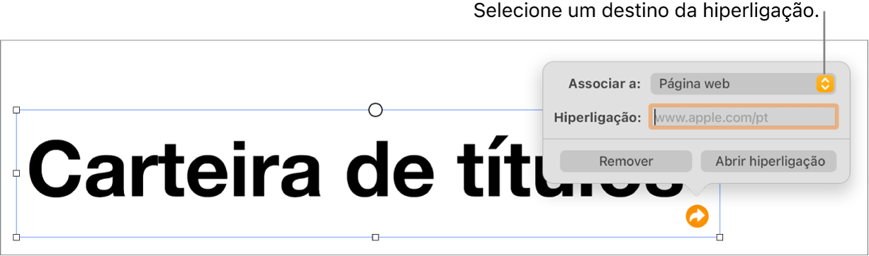 Os controlos do editor de hiperligações com a página web selecionada e os botões "Remover hiperligação” e “Abrir hiperligação” na parte inferior.