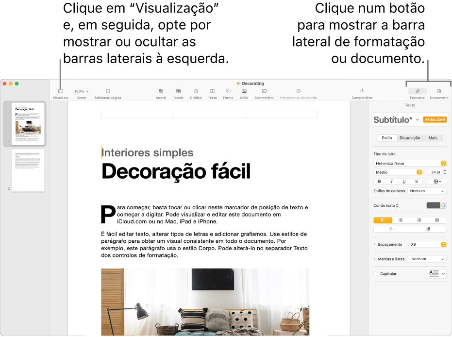 A janela do Pages com chamadas para o botão de menu "Visualização” e os botões “Formatação” e “Documento” na barra de ferramentas. Barras laterais abertas à esquerda e à direita.