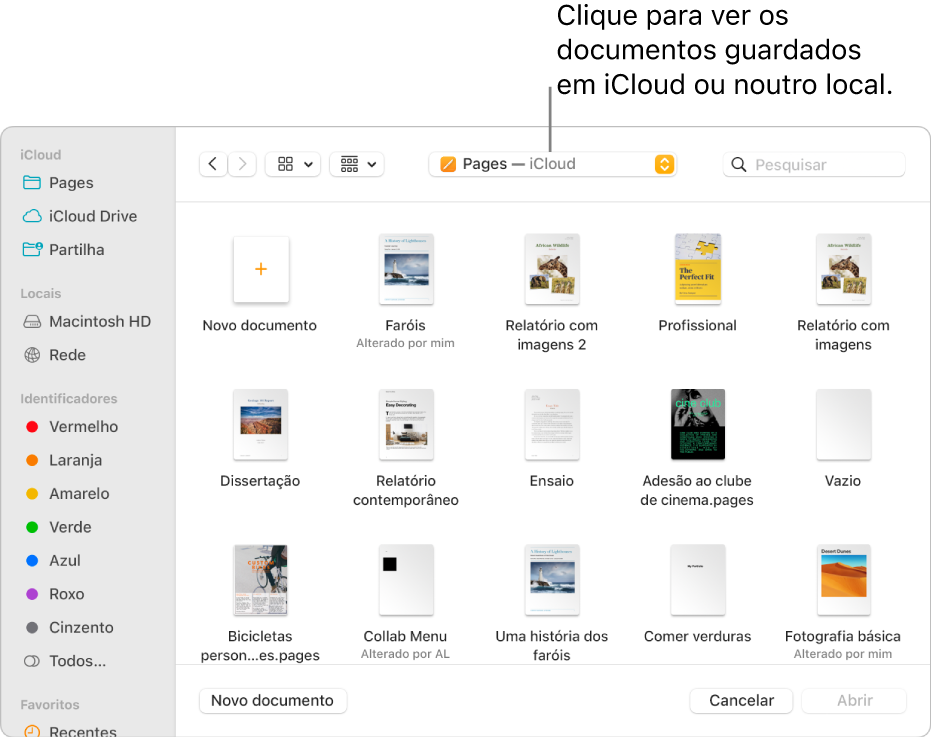 A caixa de diálogo Abrir com a barra lateral aberta à esquerda e iCloud Drive selecionado no menu pop-up na parte superior. As pastas para Keynote, Numbers e Pages aparecem na caixa de diálogo juntamente com um botão “Novo documento”.