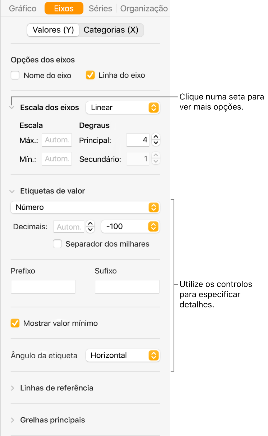 Controlo para formatar marcações do eixo do gráfico.
