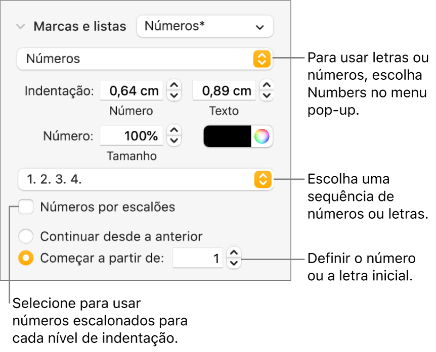Controlos para alterar o estilo de número e o espaçamento de uma lista.