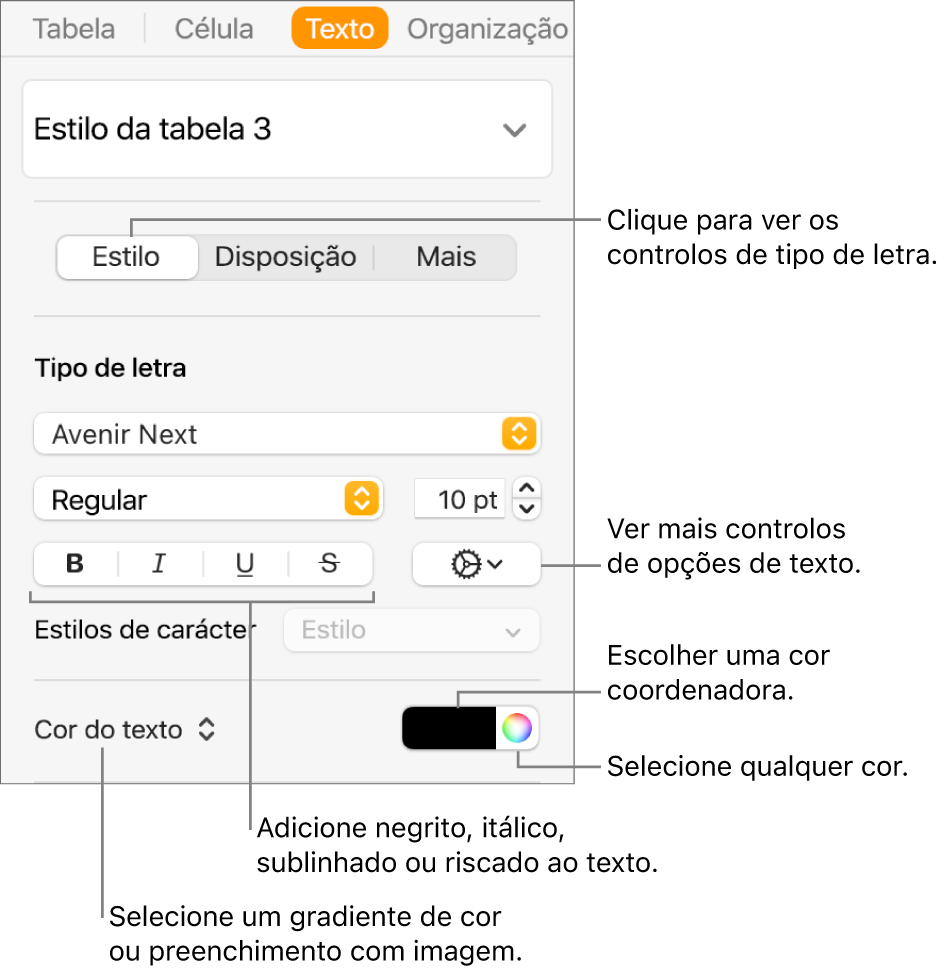Os controlos para o estilo do texto de uma tabela.