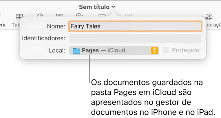 A caixa de diálogo Guardar de um documento com “Pages—iCloud” no menu pop-up "Onde”.