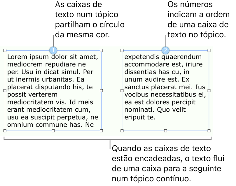 Duas caixas de texto com círculos azuis na parte superior e os números 1 e 2 nos círculos.