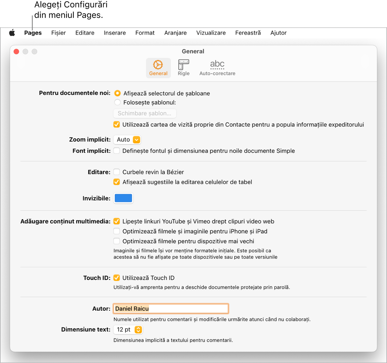 Panoul de configurări Pages deschis la fila General.