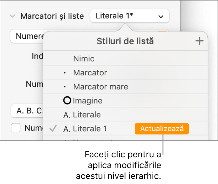 Meniul pop-up Stiluri de listă, cu un buton Actualizează lângă numele noului stil.