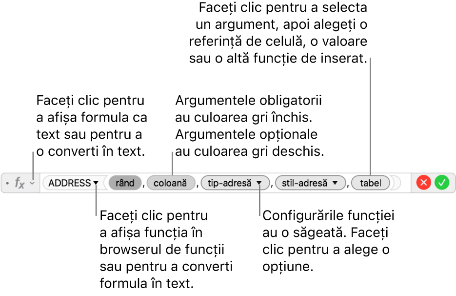 Editor de formule afișând funcția ADDRESS și tokenurile argumente.