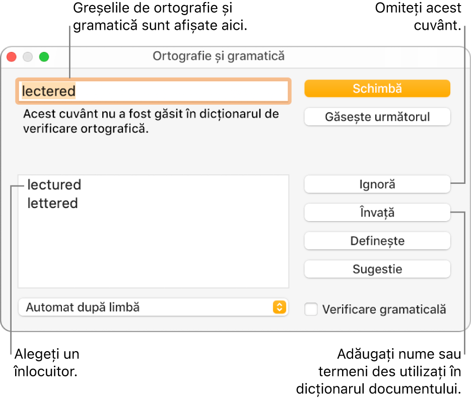 Fereastra Ortografie și gramatică.