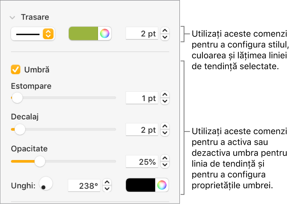 Comenzile din bara laterală pentru modificarea aspectului liniilor de tendință.