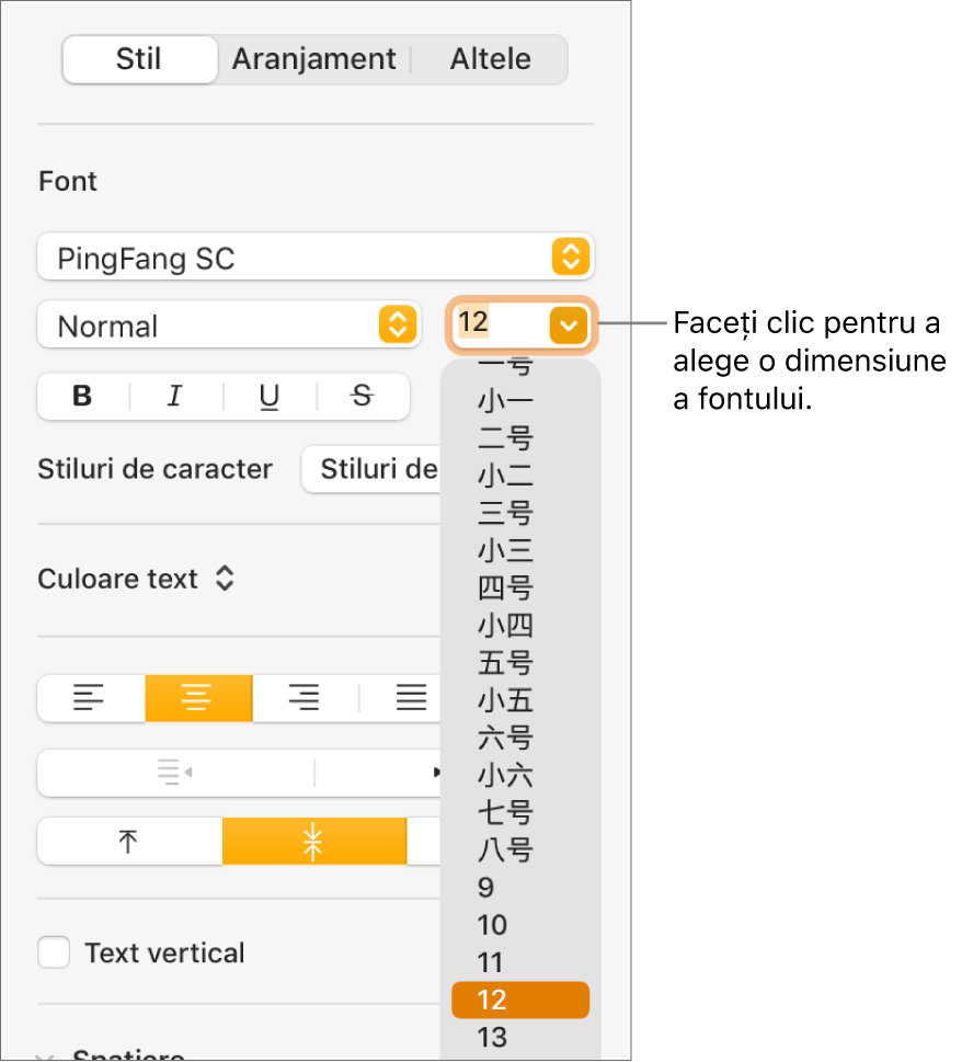 Secțiunea Stil din bara laterală Format, având deschis meniul pop-up de dimensiune a fontului. Dimensiunile de font standard ale guvernului Chinei continentale apar în partea de sus a meniului pop-up, având în partea de jos dimensiunile pentru punct.