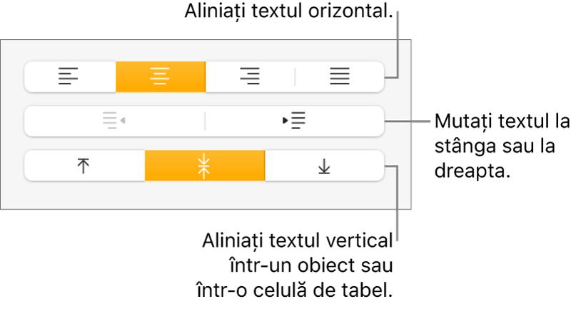 Secțiunea Aliniere a inspectorului Format cu butoane pentru alinierea orizontală și verticală a textului și butoane pentru mutarea la stânga sau la dreapta a textului.
