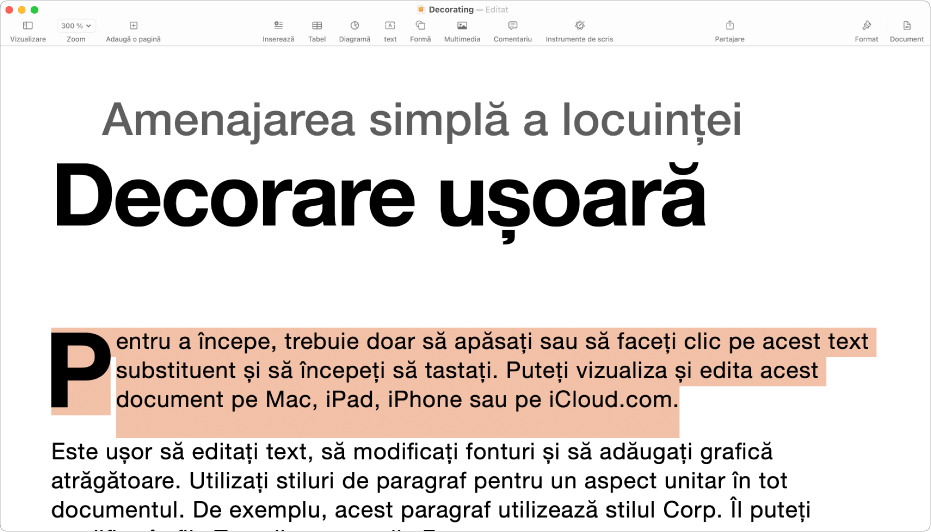 Într-un document deschis, este selectat text substituent din șablon.