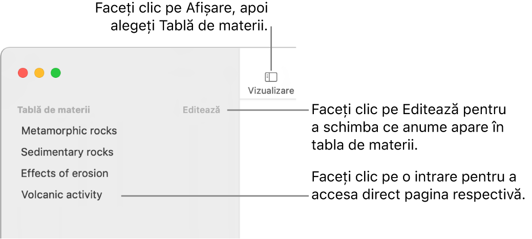 Tabla de materii din partea stângă a ferestrei Pages, cu butonul Editează în colțul dreapta sus al barei laterale și intrările dintr-o listă a tablei de materii.