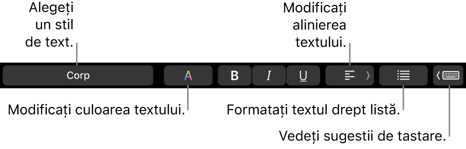 Bara Touch Bar de pe MacBook Pro, cu comenzi pentru alegerea unui stil de text, schimbarea culorii textului, schimbarea alinierii textului, formatarea textului ca listă și afișarea sugestiilor de scriere.