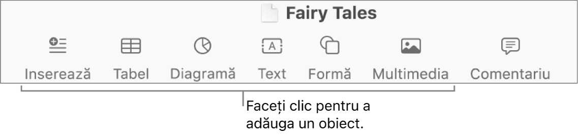 Bara de instrumente cu butoane pentru adăugarea de tabele, diagrame, text, forme și multimedia.