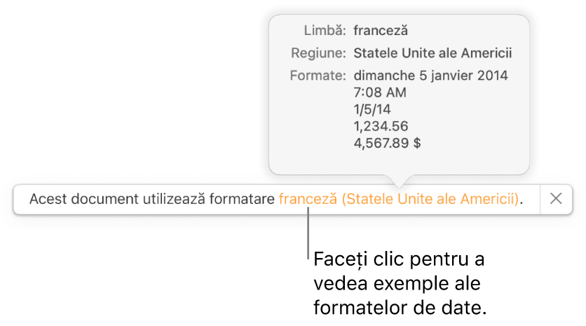 Notificarea privind configurarea limbii și regiunii diferite, afișând exemple de formatare în limba și regiunea respectivă.