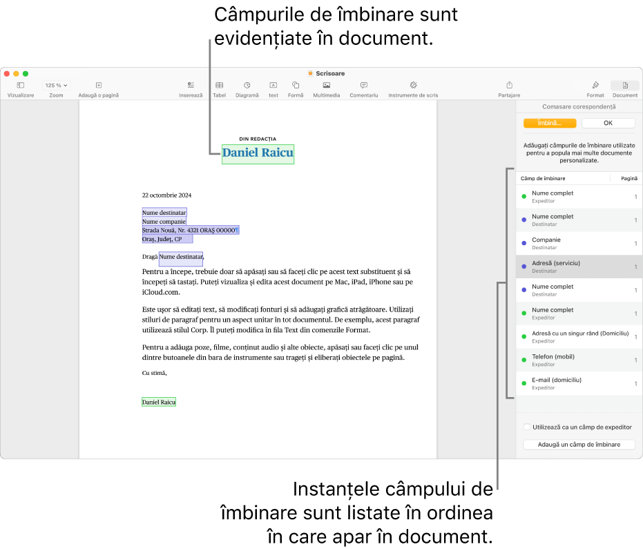 Un document Pages cu câmpurile de îmbinare ale expeditorului și destinatarului și lista de ocurențe ale câmpurilor de îmbinare vizibilă în bara laterală Document.