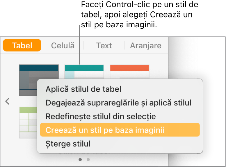 Meniul de scurtături al stilului de tabel.