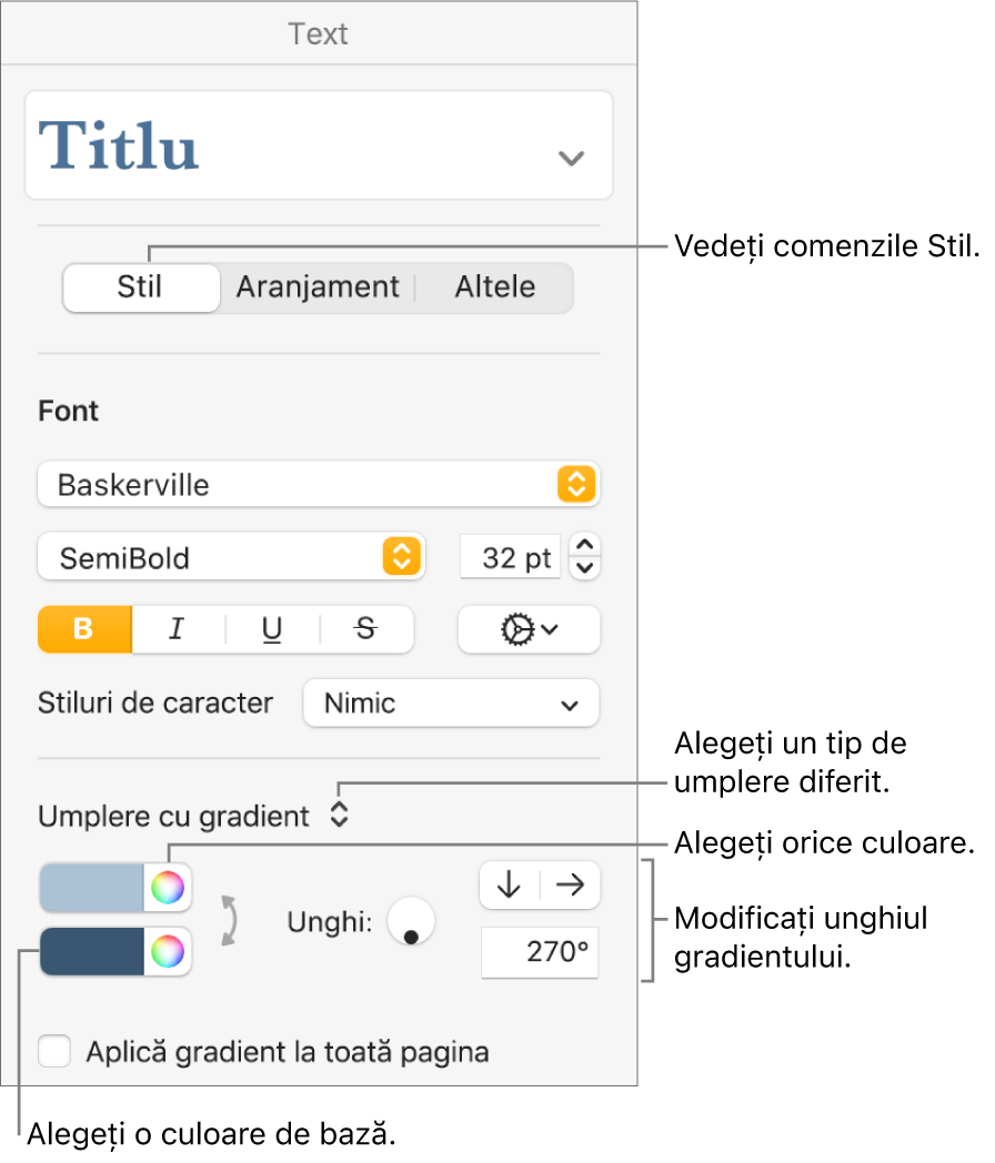 Comenzi pentru a alege culori predefinite sau orice culoare.