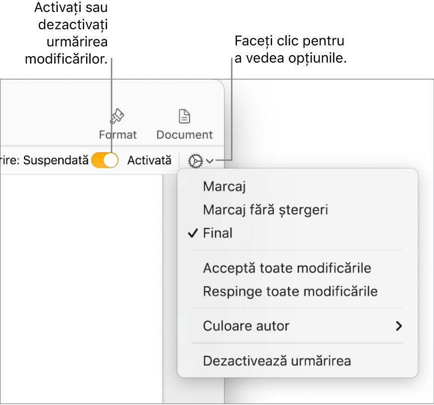 Meniu de opțiuni pentru urmărire afișând opțiunea Dezactivează urmărirea în partea de jos și explicații pentru butonul Urmărire activată și suspendată.