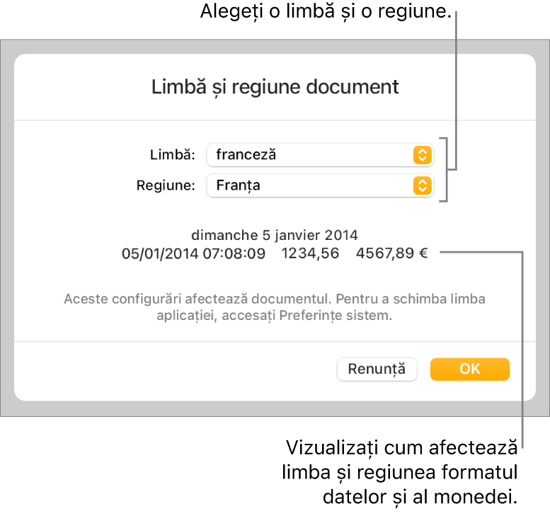 Panoul Limbă și regiune, cu comenzile pentru limbă și regiune și un exemplu de format, inclusiv data, ora, zecimale și valuta.