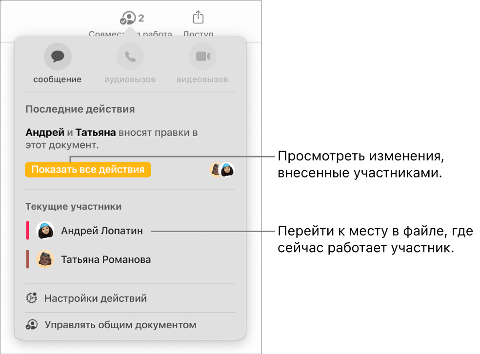 В меню совместной работы показаны двое активных участников.
