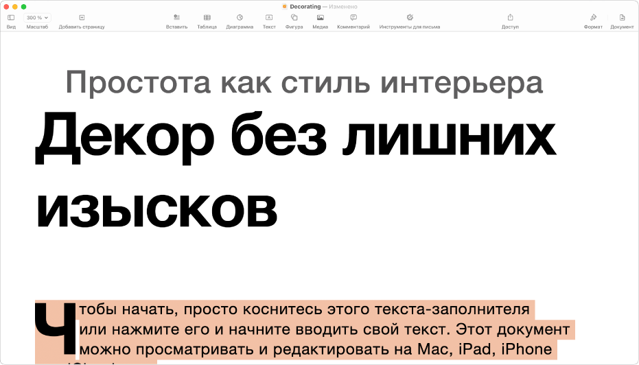 В открытом документе с шаблоном выбран текст-заполнитель.