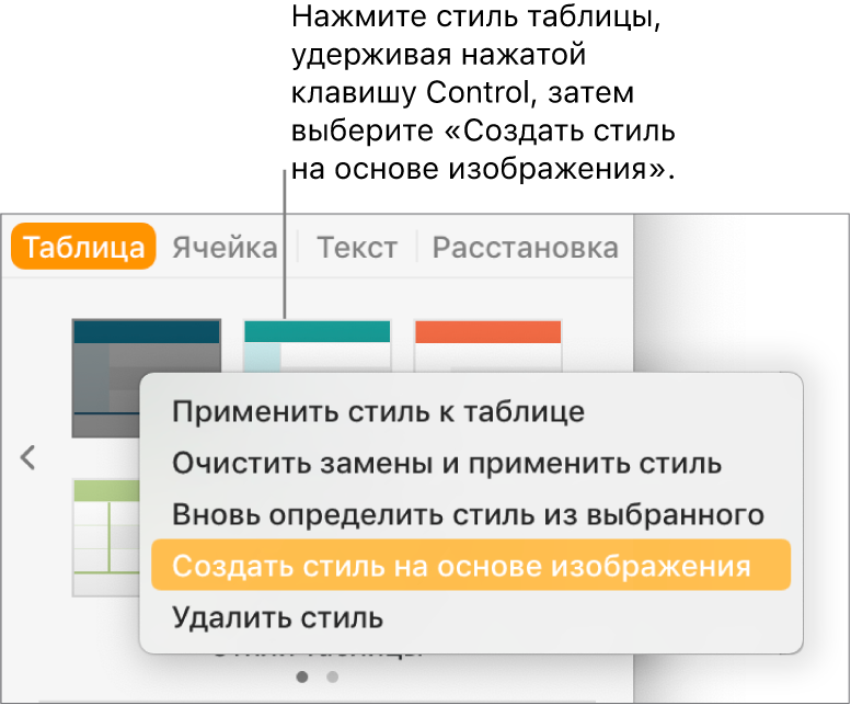 Контекстное меню стиля таблицы.