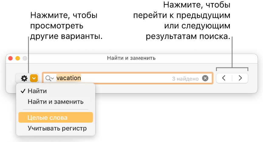В окне «Найти и заменить» открыто всплывающее меню, в котором показаны параметры «Найти», «Найти и заменить», «Целые слова» и «Регистр». Стрелки справа позволяют переходить к предыдущему или следующему результату поиска.