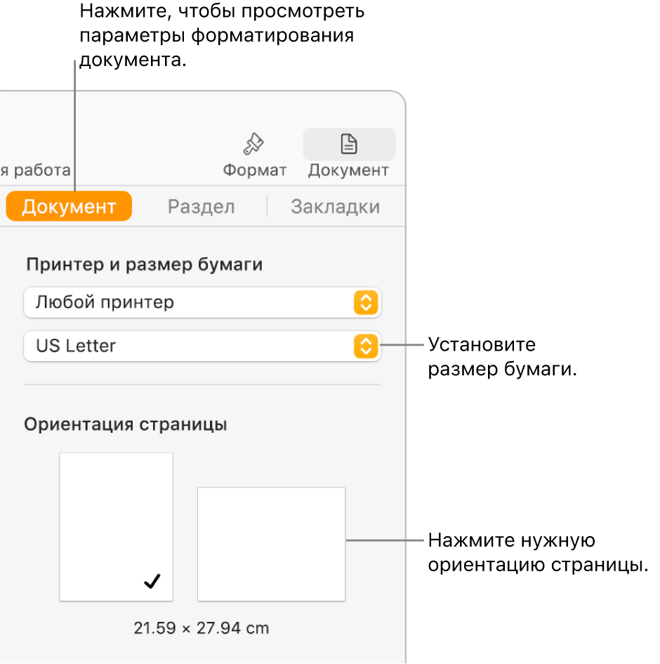 Боковое меню «Документ». Вверху бокового меню выбрана вкладка «Документ». В боковом меню находятся всплывающее меню для выбора формата бумаги и кнопки вертикальной и горизонтальной ориентации страницы.