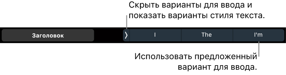 Панель Touch Bar на MacBook Pro. Отображаются элементы управления для выбора стиля текста, скрытия подсказок при вводе и вставки подсказок при вводе.