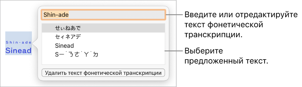 Отображается фонетическая транскрипция слова с вынесенным текстовым полем, содержащим предложенный вариант текста.